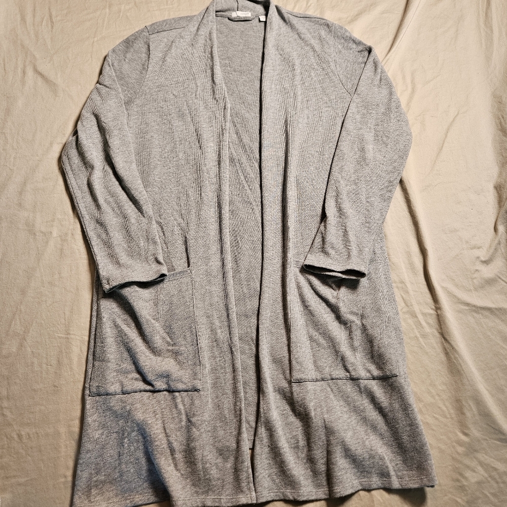 Women's PURE JILL M Long Duster Open Front Cardigan Sweater Fine Knit Gray